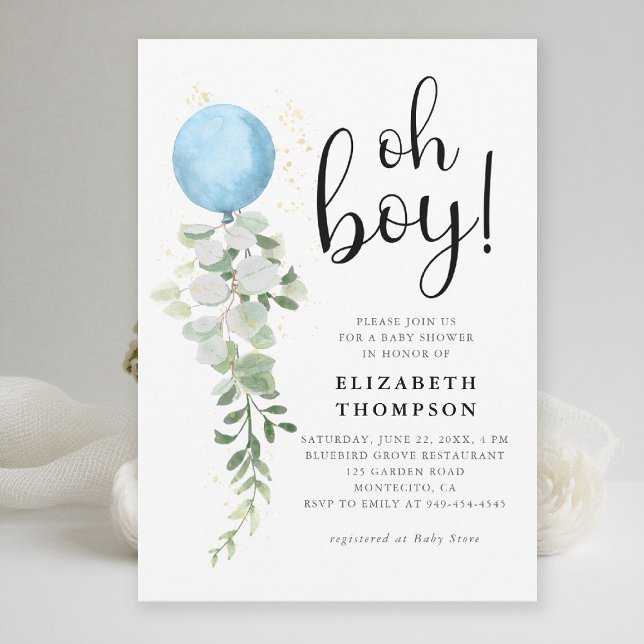 Blue Balloon Eucalyptus Elegant Oh Boy Baby Shower Inbjudningar (oh boy baby shower invitation blue balloon eucalyptus greenery watercolor modern calligraphy elegant)