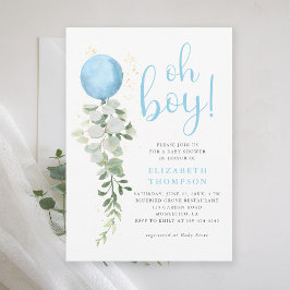 Blue Balloon Eucalyptus Foliage Oh Boy Baby Shower Inbjudningar