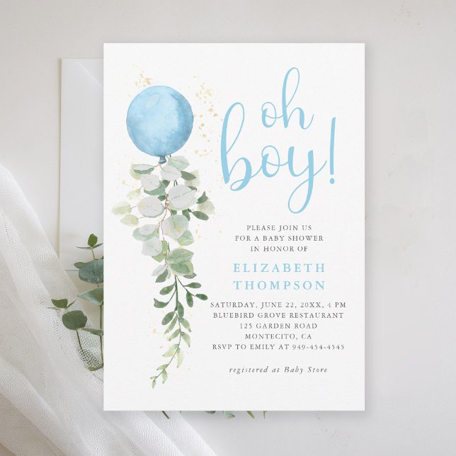 Blue Balloon Eucalyptus Foliage Oh Boy Baby Shower Inbjudningar (oh boy baby shower invitation blue balloon eucalyptus greenery watercolor blue calligraphy elegant)