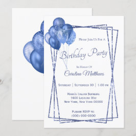 Blue Balloon Glitter Birthday Inbjudningar