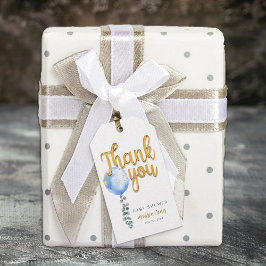 Blue Balloon Guld Script Baby Shower Tack Presentetikett