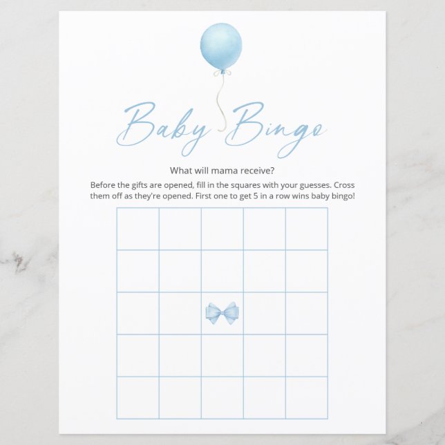 Blue Balloon Modern Baby Shower Bingo Game (Framsida)
