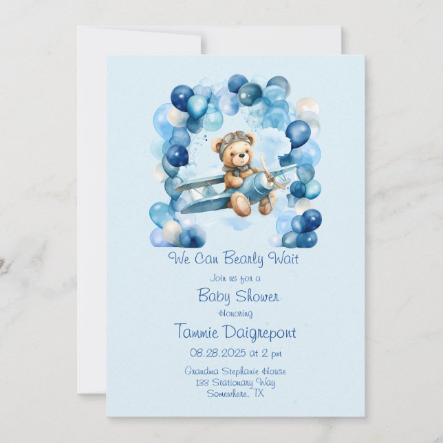 Blue Balloon Nalle Airplan Boy Baby Shower Inbjudningar (Framsida)