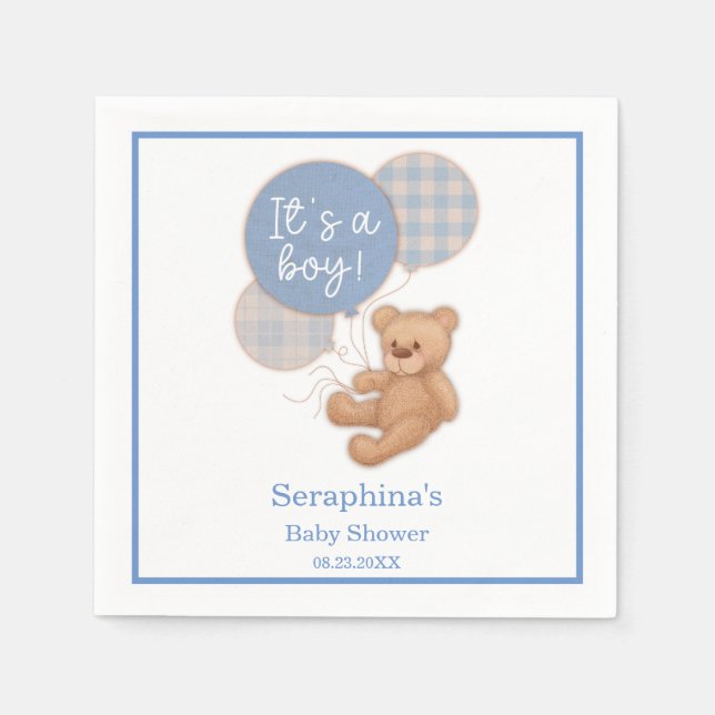 Blue Balloon Nalle Baby Shower Napkins Pappersservett (Framsidan)