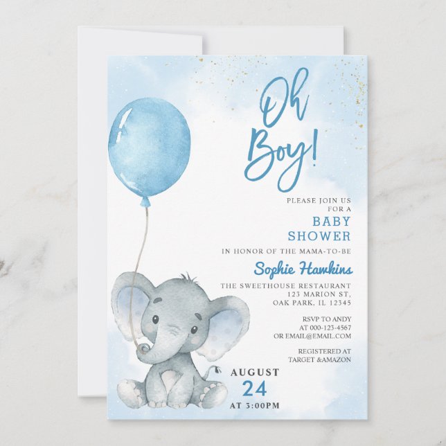 Blue Balloon Oh Boy Elephant Baby Shower Inbjudningar (Framsida)