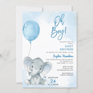 Blue Balloon Oh Boy Elephant Baby Shower Inbjudningar