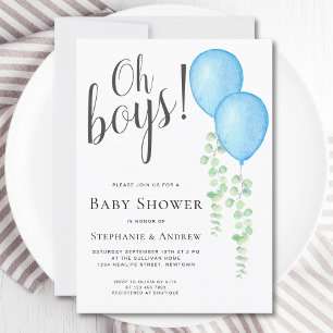 Blue Balloon Oh Boys Couples Twillingar Baby Showe Inbjudningar