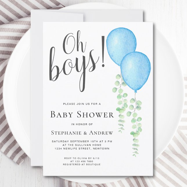 Blue Balloon Oh Boys Couples Twillingar Baby Showe Inbjudningar (Skapare uppladdad)