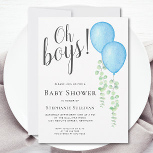 Blue Balloon Oh Boys Twillingars Baby Shower Inbjudningar