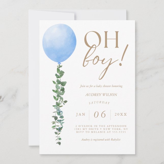 Blue Balloon Pojke Shower-inbjudan Oh Boy Inbjudningar (Framsida)