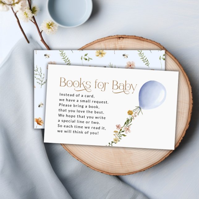 Blue Balloon Wildbloms Bokar för begäran om Baby Tilläggskort (Blue Balloon Wildflower Books for Baby Request Enclosure Card)