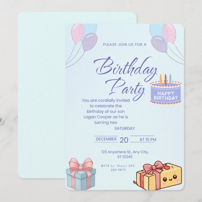 Blue Balloons and Gifts Birthday Invitation - Cust Inbjudningar (Fram/baksida)