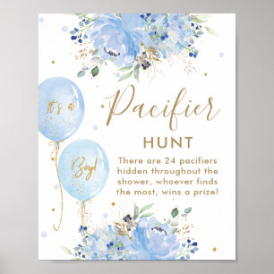 Blue Balloons Blommigt Boy Baby Nappar Hunt Game Poster