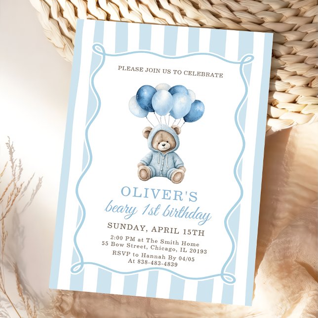 Blue Balloons Teddy Bear Birthday Invitation  Inbjudningar (Skapare uppladdad)