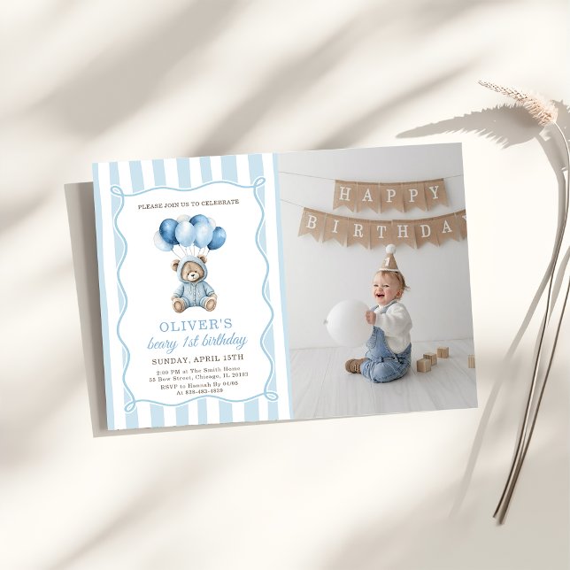 Blue Balloons Teddy Bear Birthday Invitation  Inbjudningar (Skapare uppladdad)