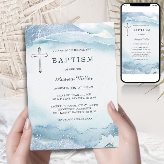 Blue Baptism Invitation with Cross | Printable Inbjudningar (Skapare uppladdad)