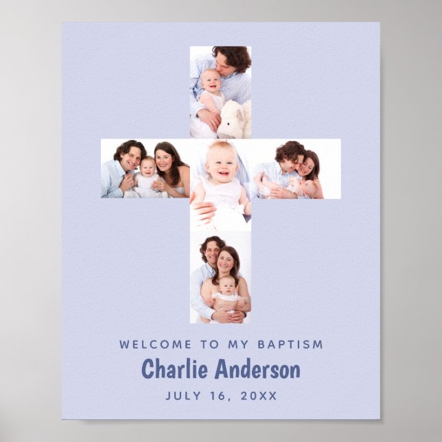 Blue Baptism Kor 5 Photo Collage Boy Christening Poster (Framsidan)