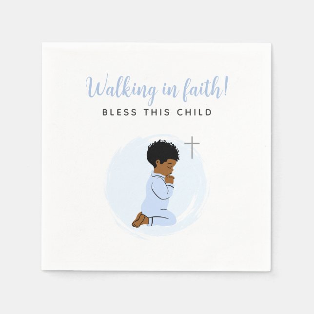 Blue Baptism Napkins with Black Praying Baby  Pappersservett (Framsidan)
