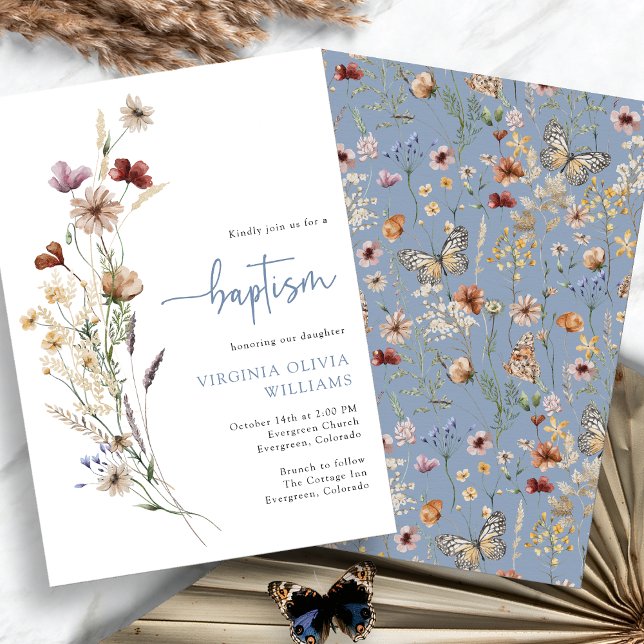 Blue Baptism Wildblommor Inbjudningar (Dusty Blue Baptism Wildflowers Invitation by Painted Paperie
)