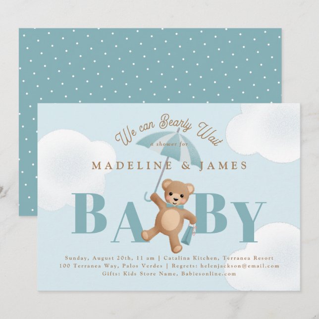Blue Barly Wait Baby Shower för klassisk Nalle Inbjudningar (Fram/baksida)