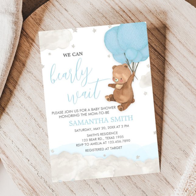 Blue Barly Wait Baby Shower Inbjudningar (Blue Bearly Wait Balloon Baby Shower Invitation
)