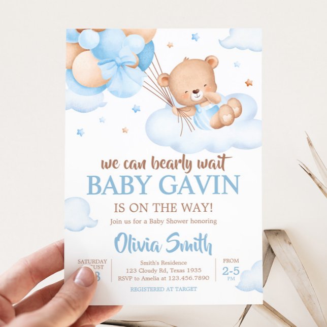 Blue Barly Wait Clouds Baby Shower Inbjudningar (Blue Bear Clouds Baby Shower  Invitation)