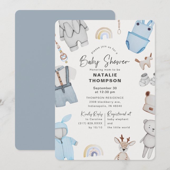 Blue Barnkläders & Leksak Boy Baby Shower Inbjudningar (Fram/baksida)
