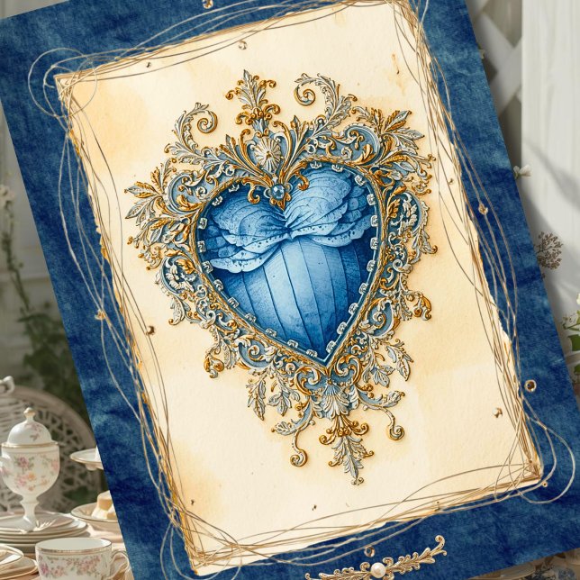 Blue Baroque Heart with Gilded Ornamental Frame Julkort (Skapare uppladdad)