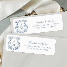 Blue Baroque Monogram Vapensköld Bröllop Returadre Returadress Etikett