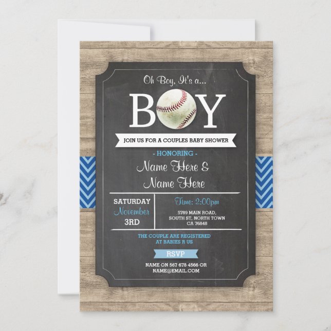 Blue Baseball Baby Shower Boy Sports Wood Inbjudan (Framsida)