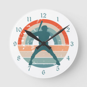 Blue Baseball Batter Retro Rainbow Rund Klocka