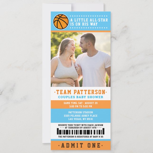Blue Basketball Biljett Par Baby Shower Photo Inbjudningar (Framsida)