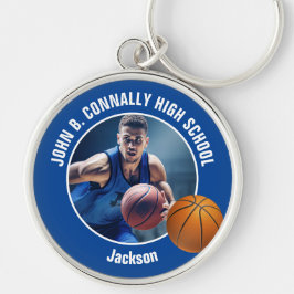 Blue Basketball Player Photo High School Spirit Rund Silverfärgad Nyckelring