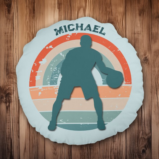 Blue Basketball Player Retro Rainbow Rund Kudde (Skapare uppladdad)