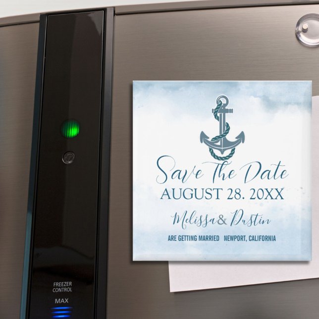 Blue Beach Anchor Nautical Bröllop spara datum Magnet (Blue Beach Anchor Nautical Wedding Save The Date Magnet)