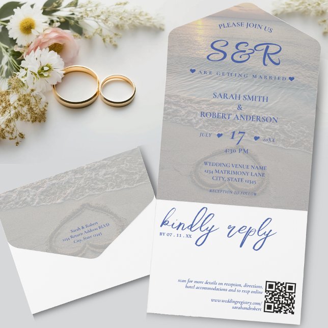 Blue Beach Heart QR-kod Bröllop (Blue Beach QR Code Wedding All In One Invitation)