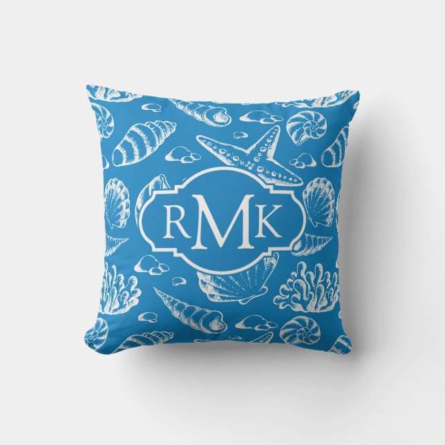 Blue Beach Mönster | Monogram Kudde (Framsida)