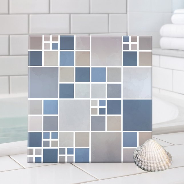 Blue Beach Mosaic Mönster Kitchen Bathroom Tile Kakelplatta (Bathroom tile featuring a geometric mosaic pattern with watercolor effects inspired by the beach)