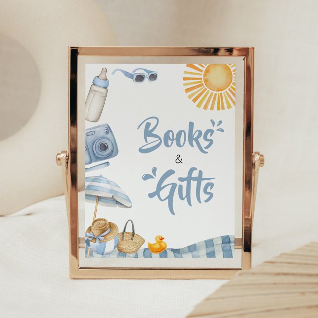 Blue Beach Summer Baby Shower Bokar och Gifts Poster (Boy Splish Splash Baby Shower Books and Gifts Sign)
