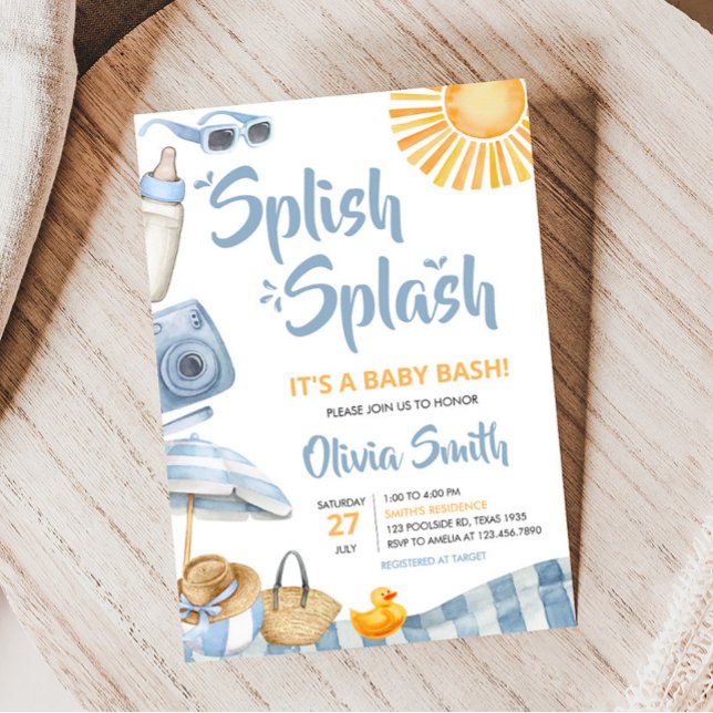 Blue Beach Summer Baby Shower Inbjudningar (Boy Splish Splash Baby Shower Invitation)