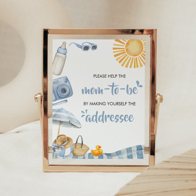 Blue Beach Summer Baby Shower Kuvert Station Poster (Boy Splish Splash Baby Shower Envelope Station Sign)