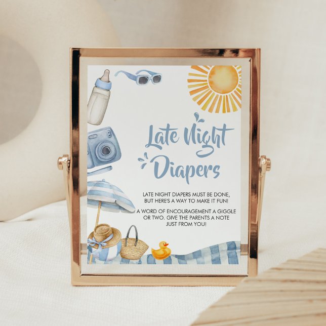 Blue Beach Summer Baby Shower Late Night Diables Poster (Boy Splish Splash Baby Shower Late Night Diapers Sign)