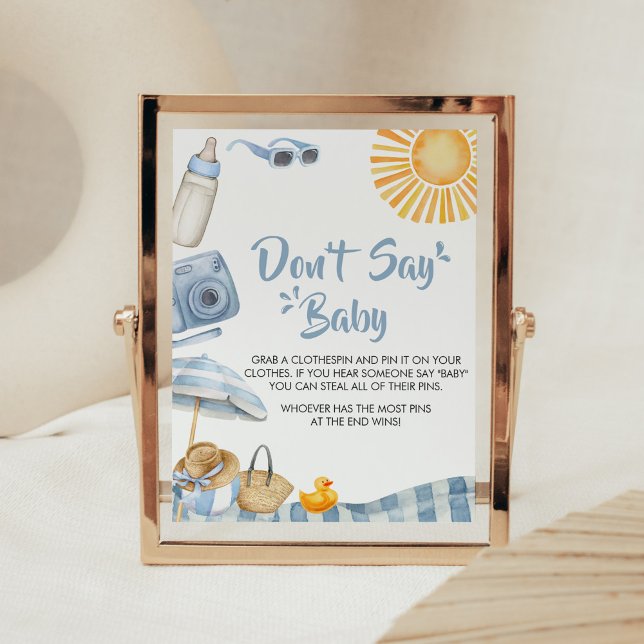 Blue Beach Summer Baby Shower Säg inte Baby Poster (Boy Splish Splash Baby Shower Don't Say Baby Sign)