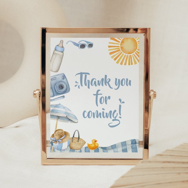 Blue Beach Summer Baby Shower Tack för kortet Poster (Boy Splish Splash Baby Shower Thank you for Coming Sign)