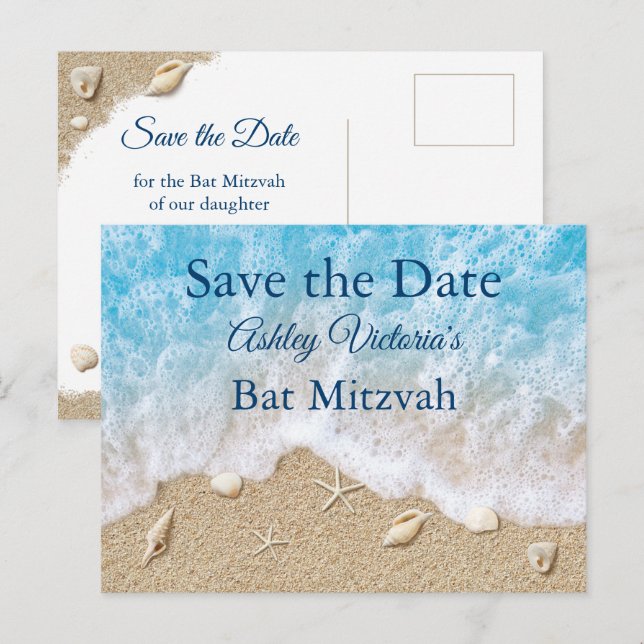 Blue Beach Waves Bat Mitzvah Save the Date Inbjudan Vykort (Fram/baksida)