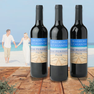 Blue Beach Wedding 2 Hjärter i Sand Vinflaska Etikett