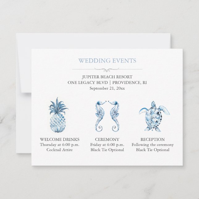 Blue Beach Wedding Event Details with QR Code Inbjudningar (Framsida)