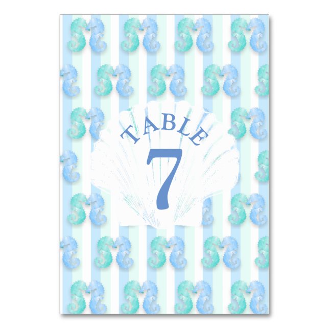 Blue Beachy Seahorse Bröllop Bordsnummer Card (Framsidan)