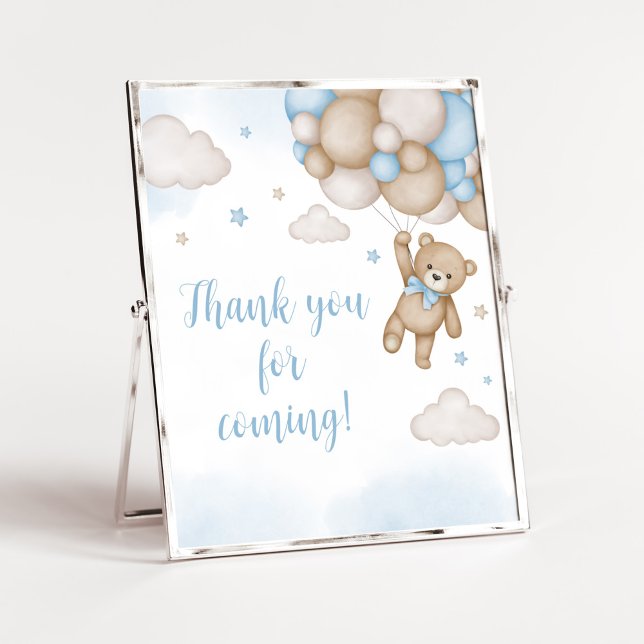 Blue Bear Baby Shower Tack för att du kom Poster (Blue Bear Baby Shower Thank you for Coming Sign)