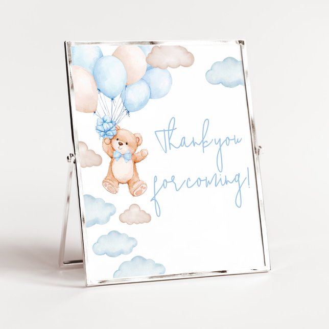 Blue Bear Balloon Baby Shower Tack för att du kom Poster (Blue Baby Bear Balloon Baby Shower Thank you for Coming Sign)